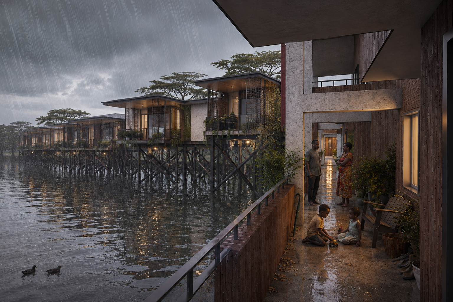 Flood resilient housing designed for communities